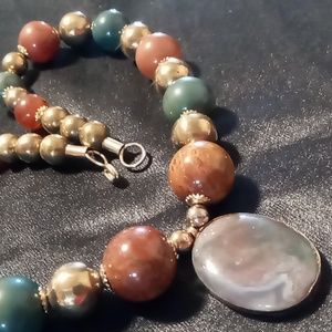 Natural agate pendant necklace set in brass with brass spacer beads ,Fire agate